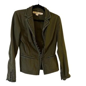 J.Crew Ruffled Romantic Victorian Military Blazer Jacket Olive Green Velvet Trim